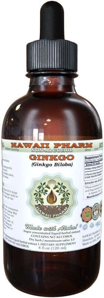 Ginkgo Alcohol-Free Liquid Extract, Organic Ginkgo (Ginkgo Biloba) Dried Leaf Glycerite Hawaii Pharm Natural Herbal Supplement 4 oz
