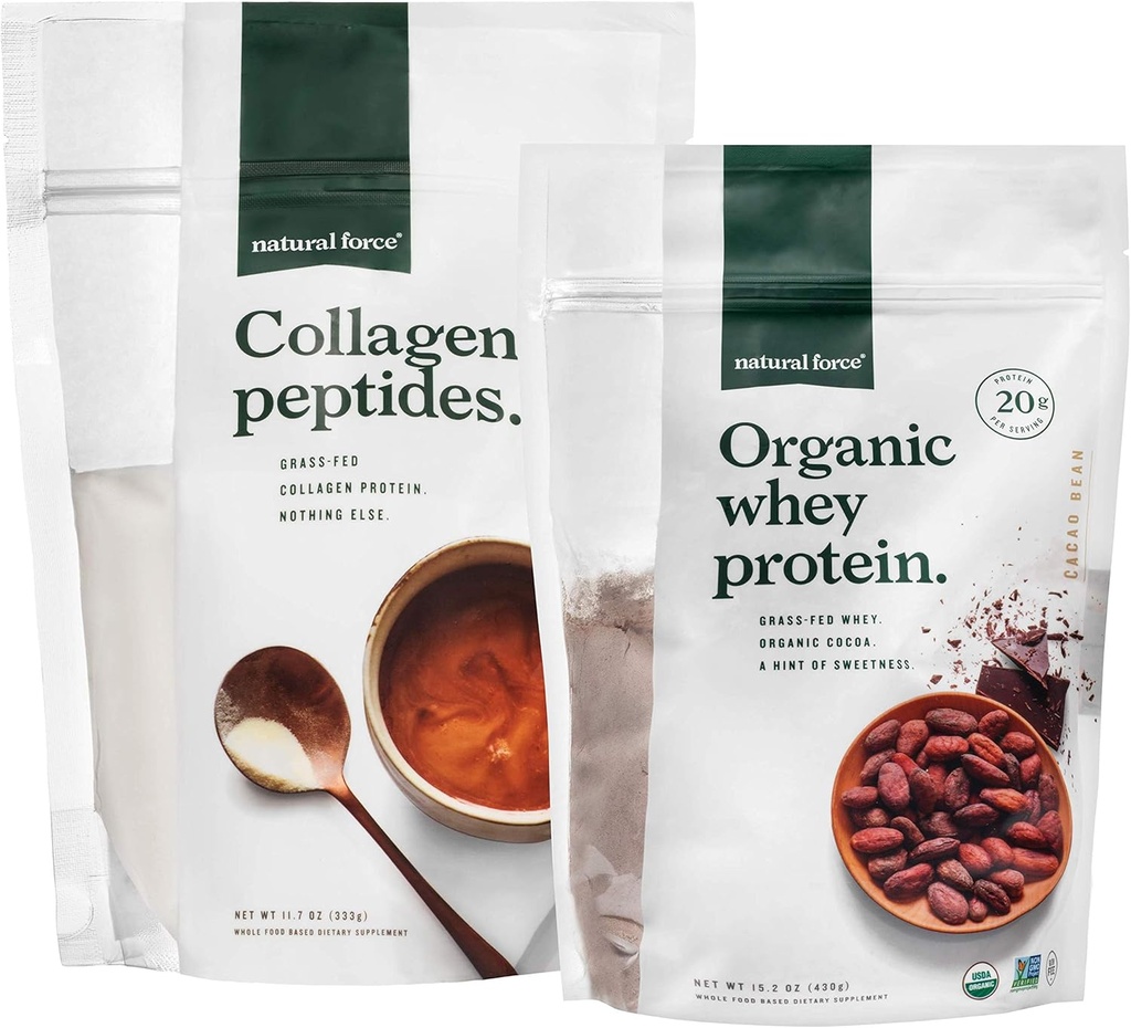 Natural Force Clean, Grass Fed Collagen Peptider + Chocolate Organic Whey Protein Bundle - Organic, Non GMO Whey Protein & Hydrolyzed Type I og III Collagen - 15.2 Ounce Bag og 11.7 Ounce Bag