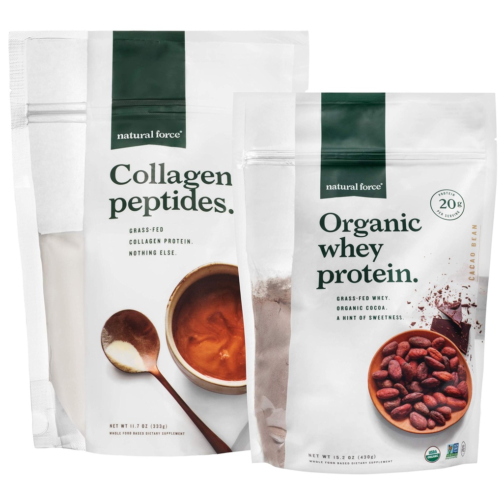 Natural Force Clean, Grass Fed Collagen Peptider + Chocolate Organic Whey Protein Bundle - Organic, Non GMO Whey Protein & Hydrolyzed Type I og III Collagen - 15.2 Ounce Bag og 11.7 Ounce Bag