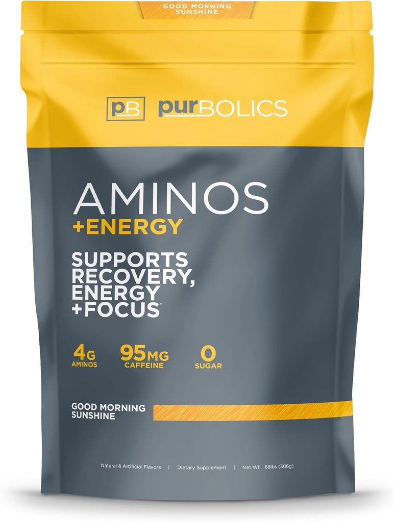 Purbolics Aminos + Energy Yep 124; Understøtter inddrivelse, Energi & Focus Mep 124; 95mg koffein, 0 Sukker & 60 Servering (God morgen solskin)