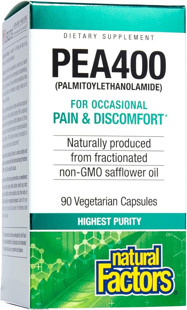 Naturlige faktorer PEA400 - Pure Palmitoylethanolamid til Relief - Understøtter nervesystem & Lejlighedsforstyrrelse - Non- GMO - 90 Kapsler (90 Servering)