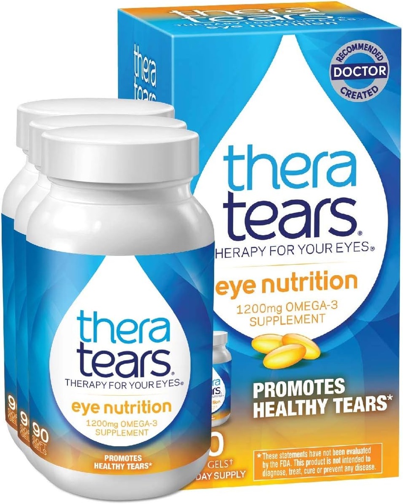 TheraTears 1200mg Omega 3 supplement til øje ernæring, Organic Flaxseed Triglycerid Fish Oil and Vitamin E, 90 Greve (pakke med 3)