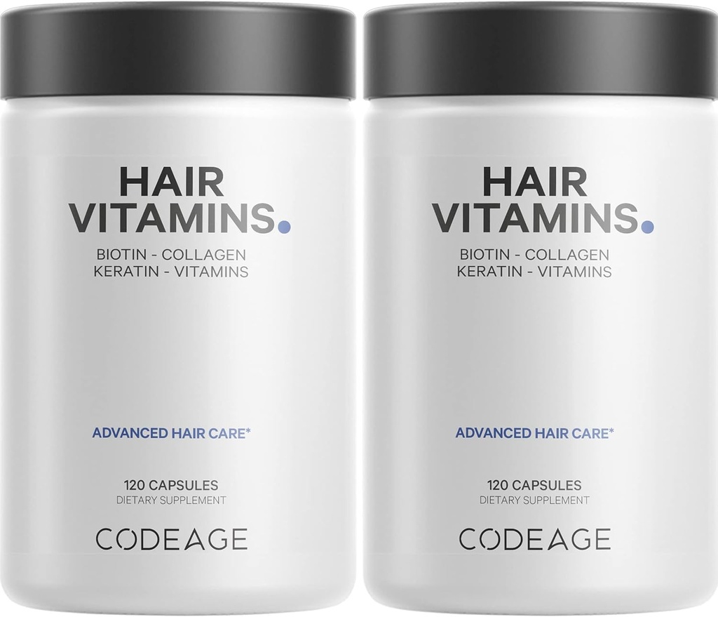 Codeage Hår Vitaminer 10000 mcg Biotin, Keratin, Collagen, Vitamin A, B12, C, D3, E, Zink, gurkemeje, Probiotika, Enzymer, Inositol - hårpleje support - Sunde hår supplement piller - 2 pakker