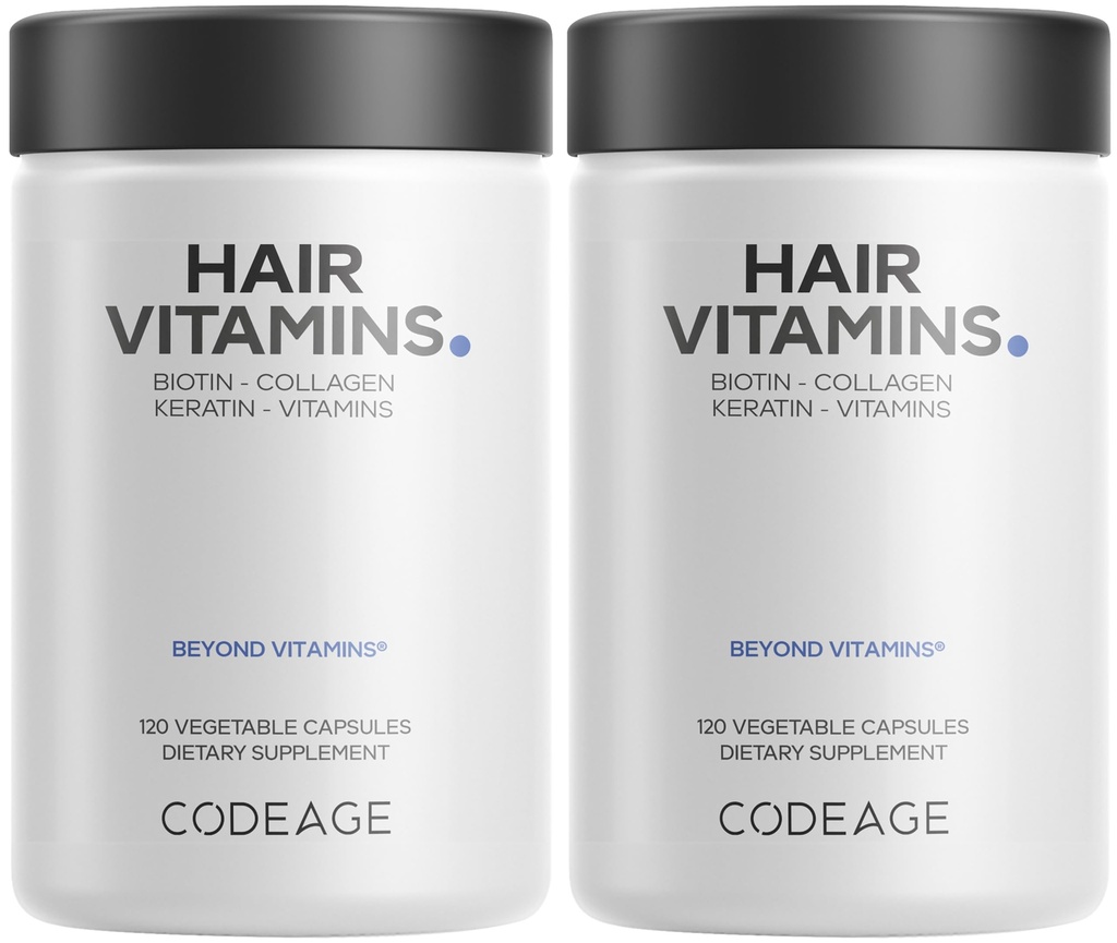 Codeage Hår Vitaminer 10000 mcg Biotin, Keratin, Collagen, Vitamin A, B12, C, D3, E, Zink, gurkemeje, Probiotika, Enzymer, Inositol - hårpleje support - Sunde hår supplement piller - 2 pakker