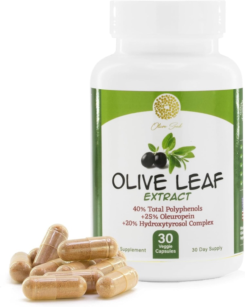 Olive Leaf Extract - 500mg - Supplement Standardiseret til 25% Oleuropein - 20% Hydroxytyrosol - 40% Polyphenoler - Non- GMO + Gluten Free + Dairy Free + Soy Free + Vegan (30 kapsler)
