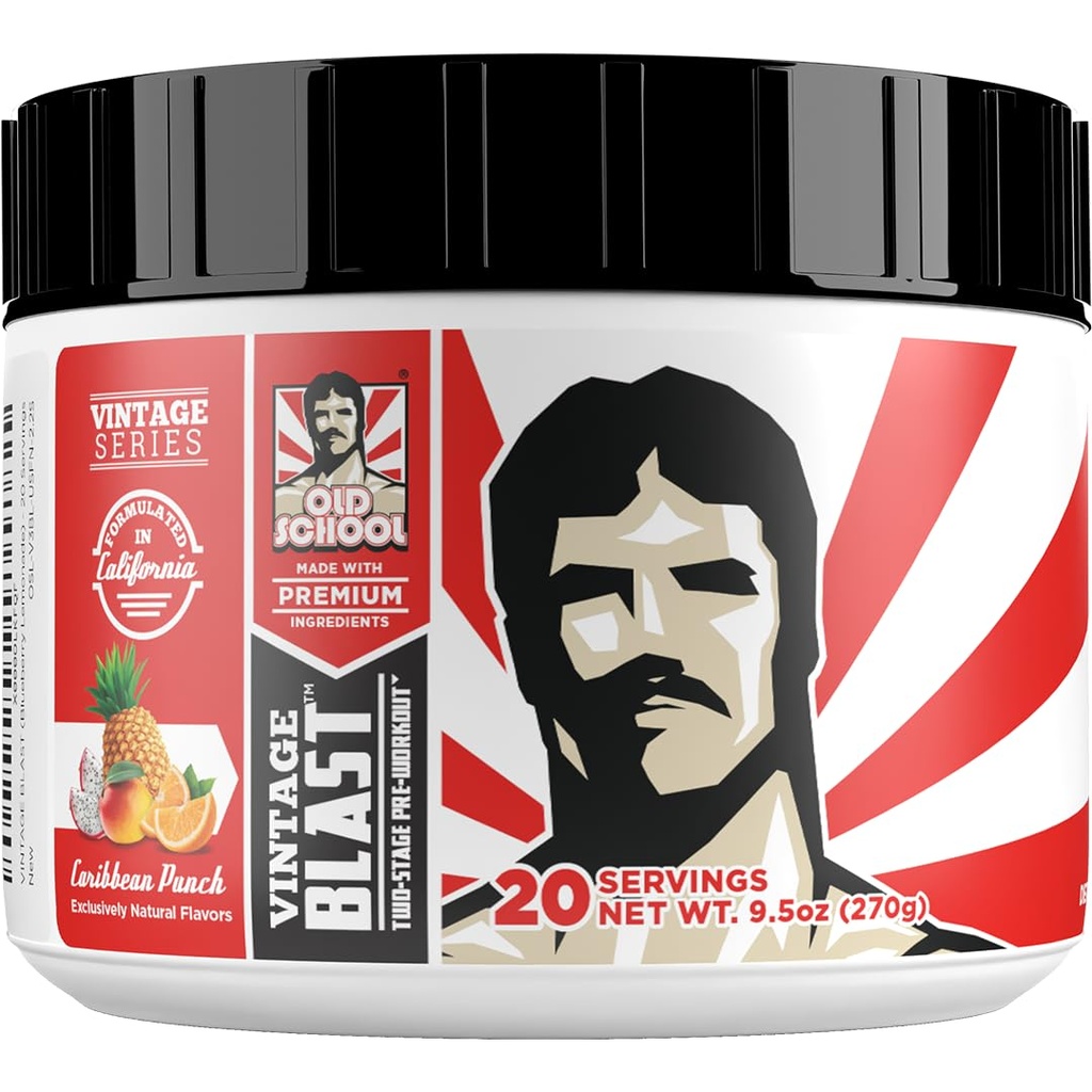 Old School Labs Ultimate 2 Stage Pre Workout for Explosive Energy, Massive Pumps & Focus - Fortræning for mænd og kvinder - Natural Pre Workout Powder med Aminosyrer, 250 mg koffein, Caribbean Punch