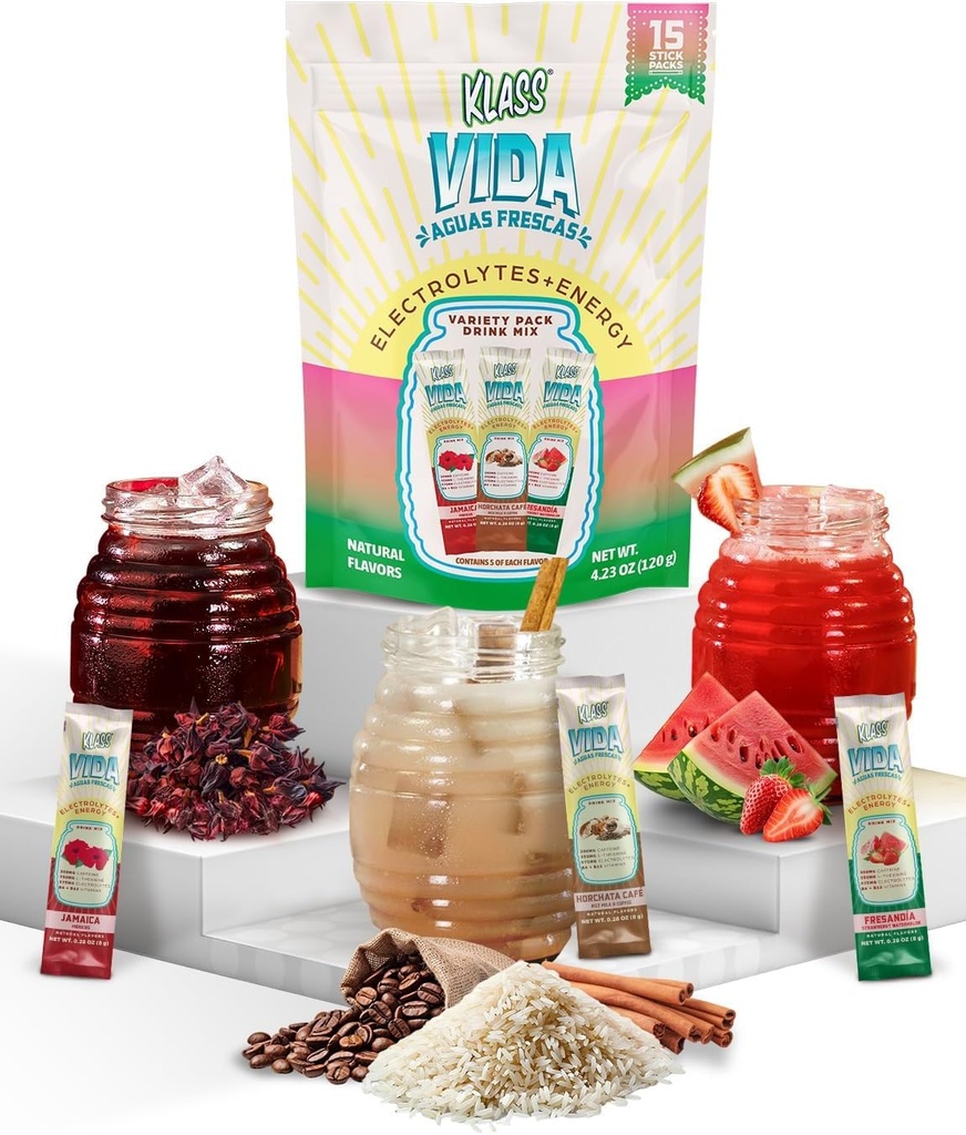 Hydration + Energy Electrolyte Drink Mix - Variety Pack med Hibiscus, Kaffe Horchata & Strawberry Watermelon, Sukkerfri med koffein, L- Theanin, kokos vand & mineraler