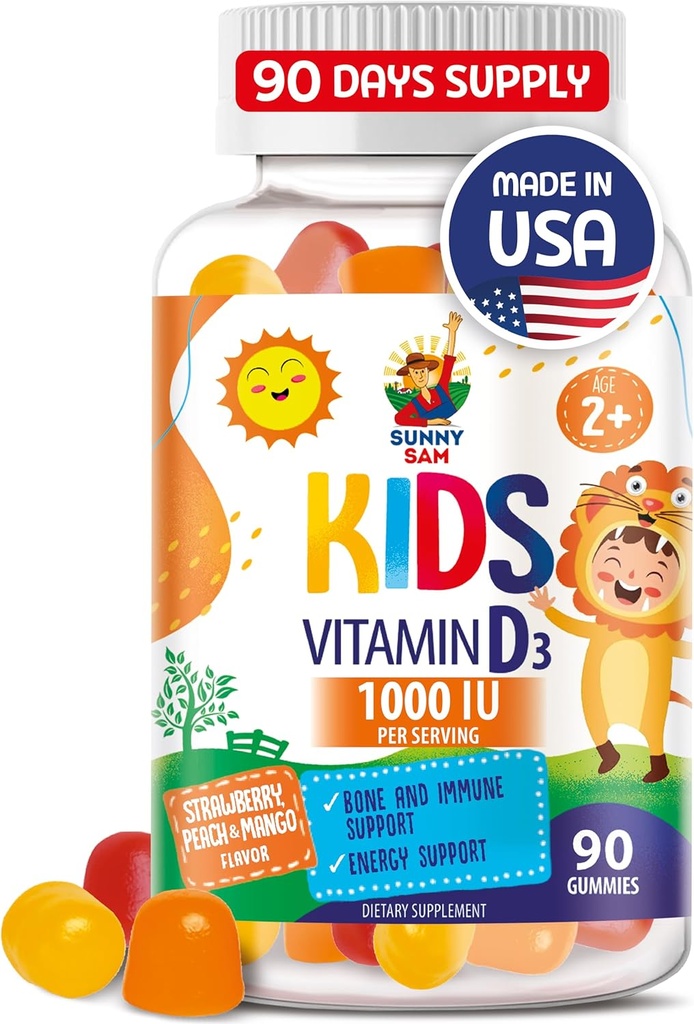 SUNNY SAM Vitamin D3 Gummies 1000 IE til børn og voksne - immunsupporttykkere med naturlig smag - vegetarisk, Gelatin- fri immunsupportvitaminer til børn