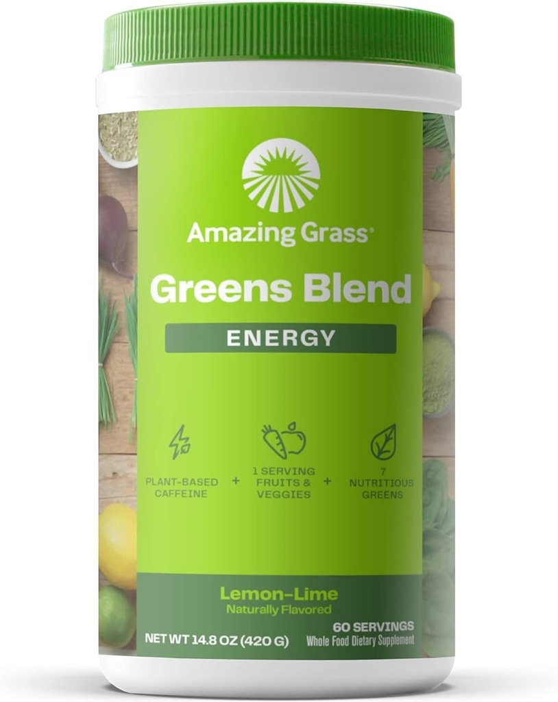 Amazing Grass Green Blend Energy: Smoothie Mix, Super Green Powder & Plant baseret koffein med Matcha Green Tea & Beet Root Powder, Lemon Lime, 60 Servere (Packaging May Vary)