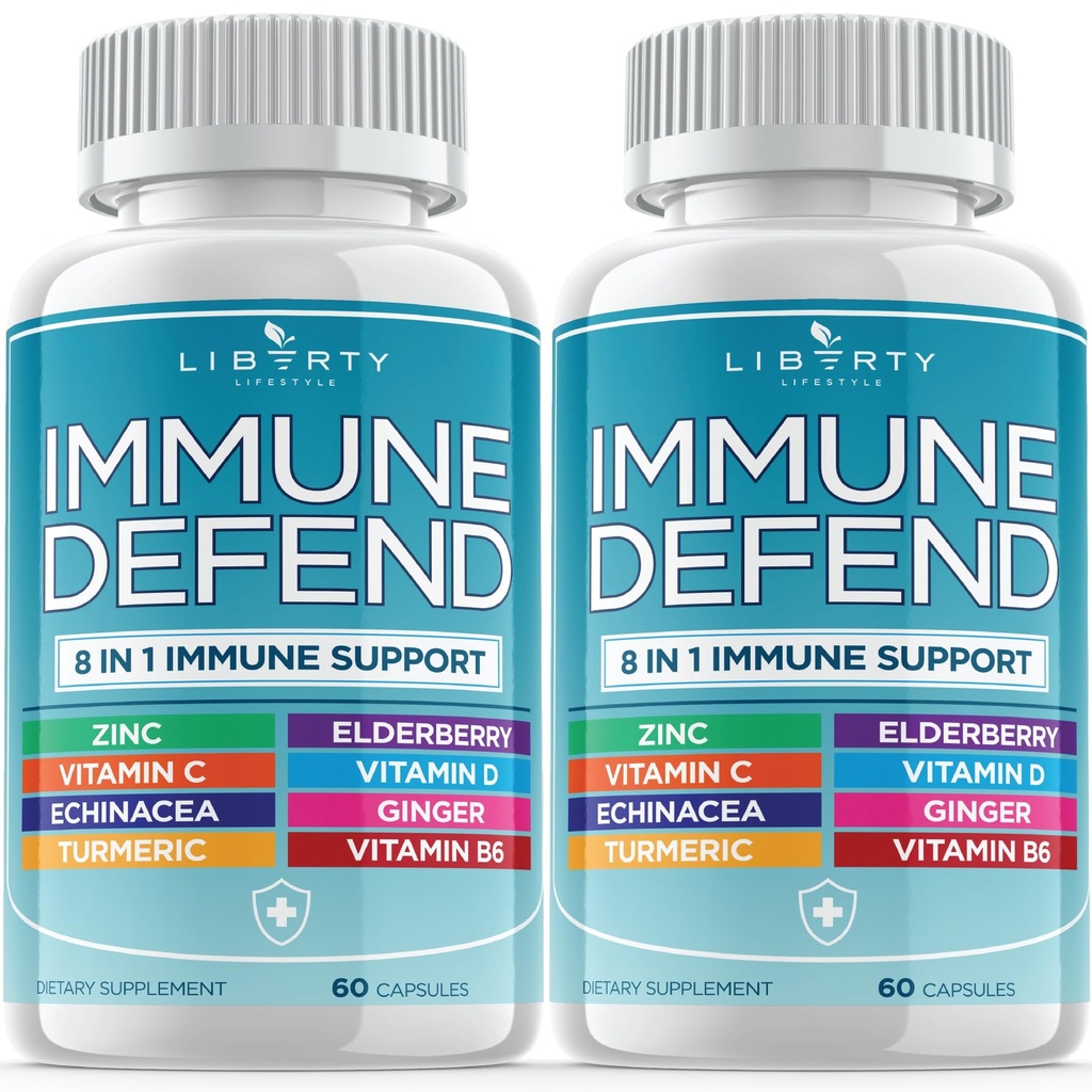 8 i 1 Immunforsvar Support, Immunitet Vitamin Supplement Booster med zink 50mg, C-vitamin Elderberry Vit D3 5000 IE, Gurkemeje Curcumin & Ingefær, Echinacea - Allergi Relief for børn voksne (2 Pack)