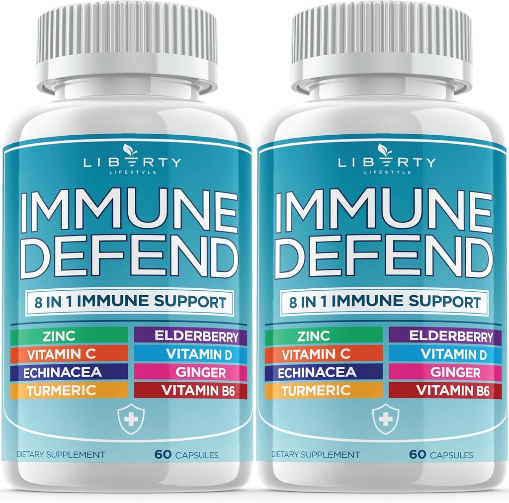 8 i 1 Immunforsvar Support, Immunitet Vitamin Supplement Booster med zink 50mg, C-vitamin Elderberry Vit D3 5000 IE, Gurkemeje Curcumin & Ingefær, Echinacea - Allergi Relief for børn voksne (2 Pack)