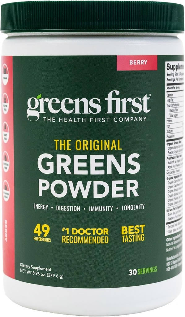 Green First Original Green Powder - 49 Superfoods - Organic Fruits & Veggies - Prebiotika, Probiotika & fordøjelsesenzymer - Antioxidant Smoothie - Dairy Free, Vegan & Non- GMO (Berry, 30 Servere)