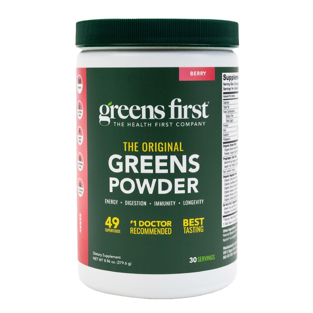 Green First Original Green Powder - 49 Superfoods - Organic Fruits & Veggies - Prebiotika, Probiotika & fordøjelsesenzymer - Antioxidant Smoothie - Dairy Free, Vegan & Non- GMO (Berry, 30 Servere)