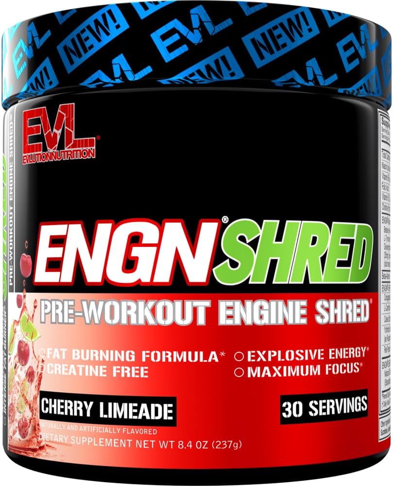 EVL Ultimate Pre Workout Powder - Thermogen Fat Burner Preworkout Powder Drikke til vedvarende energi Focus og Stamina - ENGN Shred Intense Fat Burning Creatin Free Preworkout Drikke - Cherry Limeade