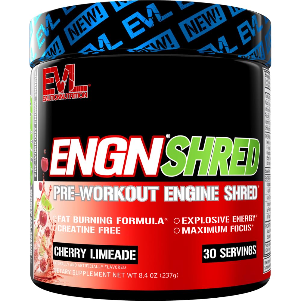 EVL Ultimate Pre Workout Powder - Thermogen Fat Burner Preworkout Powder Drikke til vedvarende energi Focus og Stamina - ENGN Shred Intense Fat Burning Creatin Free Preworkout Drikke - Cherry Limeade