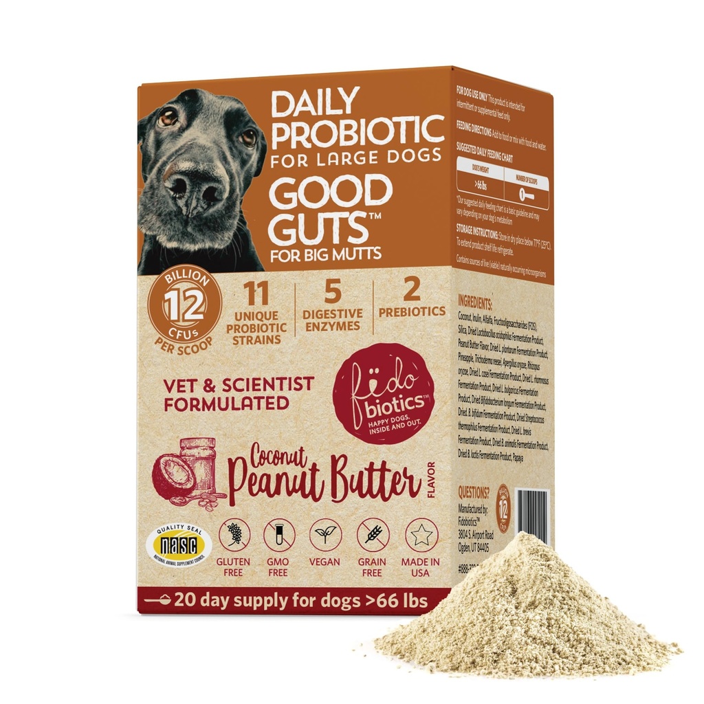 Fidobiotika gode guts til store bastarder Probiotiske for hunde, 12 Millioner CFU 'er, 11 Strops, 5 fordøjelsesenzymer, 2 Prebiotika, fordøjelsesbesvær Gut Sundhed for hunde, Voksen & Puppy Probiotika Kosttilskud (20 dage)