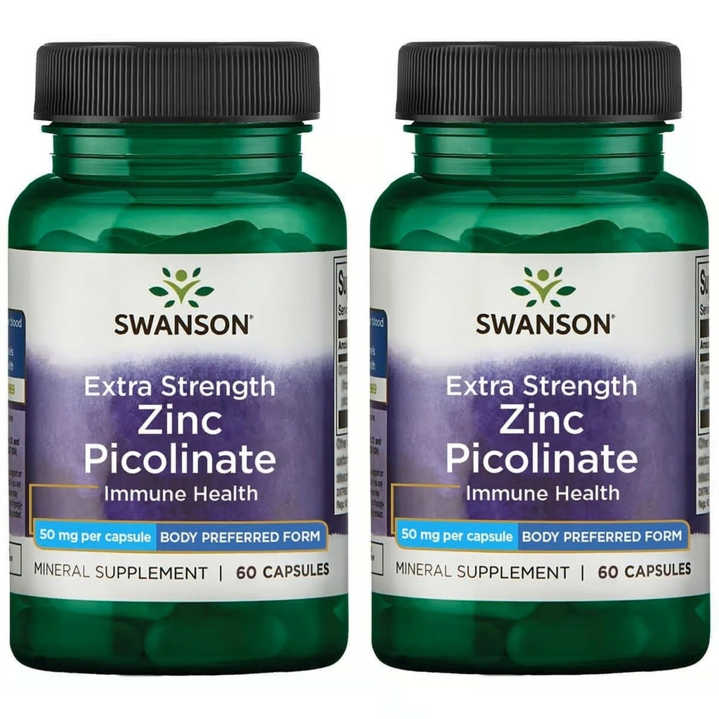Swanson Premium Brand Extra Strength Zink Picolinate - Body Foretrukne Form immunforsvar kapsler - 50 mg pr. kapsel - 60 kapsler, pakning med 2 stk.