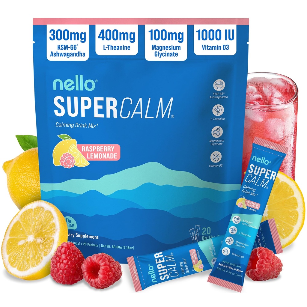 Nello Superroand Pulvered Drink Mix, Raspberry Lemonade, L Theanine, Ksm- 66 Ashwagandha, Magnesium Glycinat, D-vitamin 3, Kosttilskud til afslapning & fokus, Ingen sukker, Non GMO, On The Go, 20 Ct