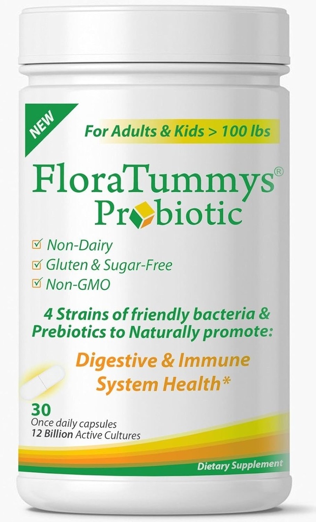 FloraTummys Bedste Probiotiske for Kvinder, Mænd og Børn. 12 Millioner CFU, 4 Probiotiske Strops, Prebiotika, Non- GMO, Kosher, Non- Dairy, Gluten Free, Sukker fri, Lavet i USA