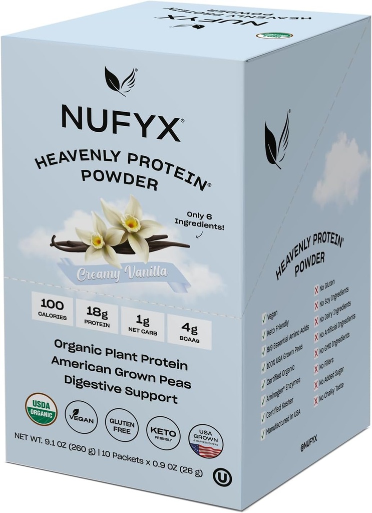 NUFYX ® • Heavenly Protein ® Powder • Verdens fineste 100% Økologiske Amerikanske Grown Peas • Vegan • Gluten Free • Lavcarb (Creamy Vanilla, Box med 10 Pakker)