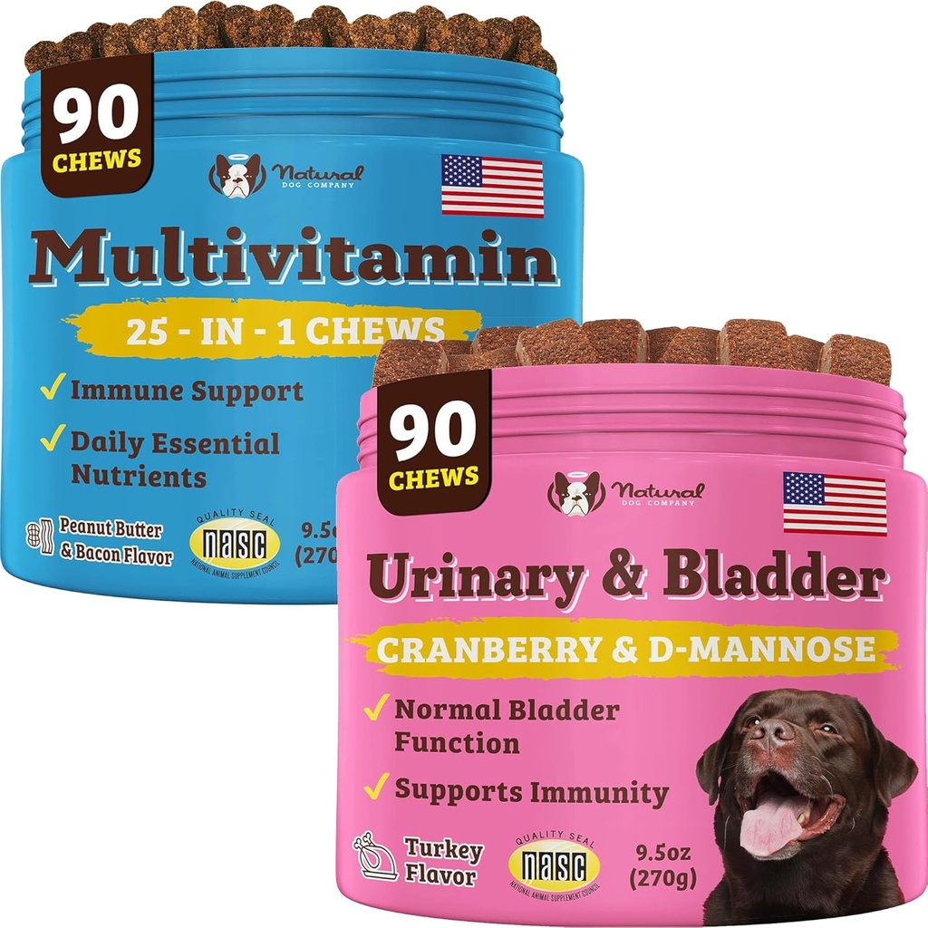 Natural Dog Company Urinary og Multivitamin Bundle - understøtter urinveje, immunsystem, fælles sundhed, og energi - Essential Chews for Dogs 'Samlet Well- At være og Vitality
