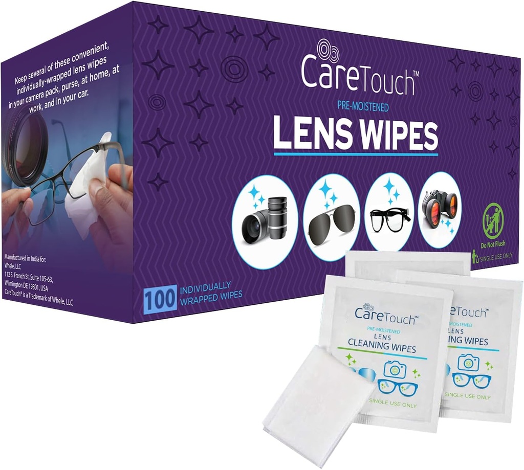 Care Touch Lens Wipes til Eyeglasses- 100 Greve individuelt indpakket Pre-fugte Wipes, 5 x 6 Inch-Kamera Lens, solbriller og glassers Renere, - Tænde og Portable til rengøring af optiske enheder