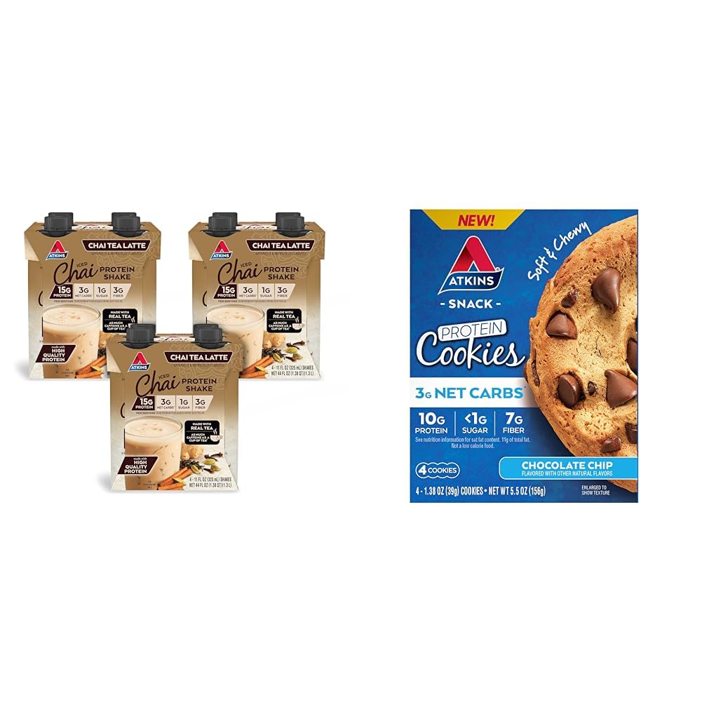Atkins Chai Tea Latte Protein Shake med 15g Protein, 3g Net Carbs, 1g Sukker og Atkins Chokolade Chip Protein Cookie med 10g Protein, 3g Net Carbs, 1g Sukker, Keto Friendly, 4 Greve