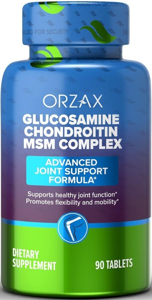 ORZAX All- in- one fælles supporttillæg med Glucosamin Chondroitin MSM - Gurkemeje, Collagen, Bromelain & Boswellia Extract Kapsler, Funktion & Comfort - 90 tabletter