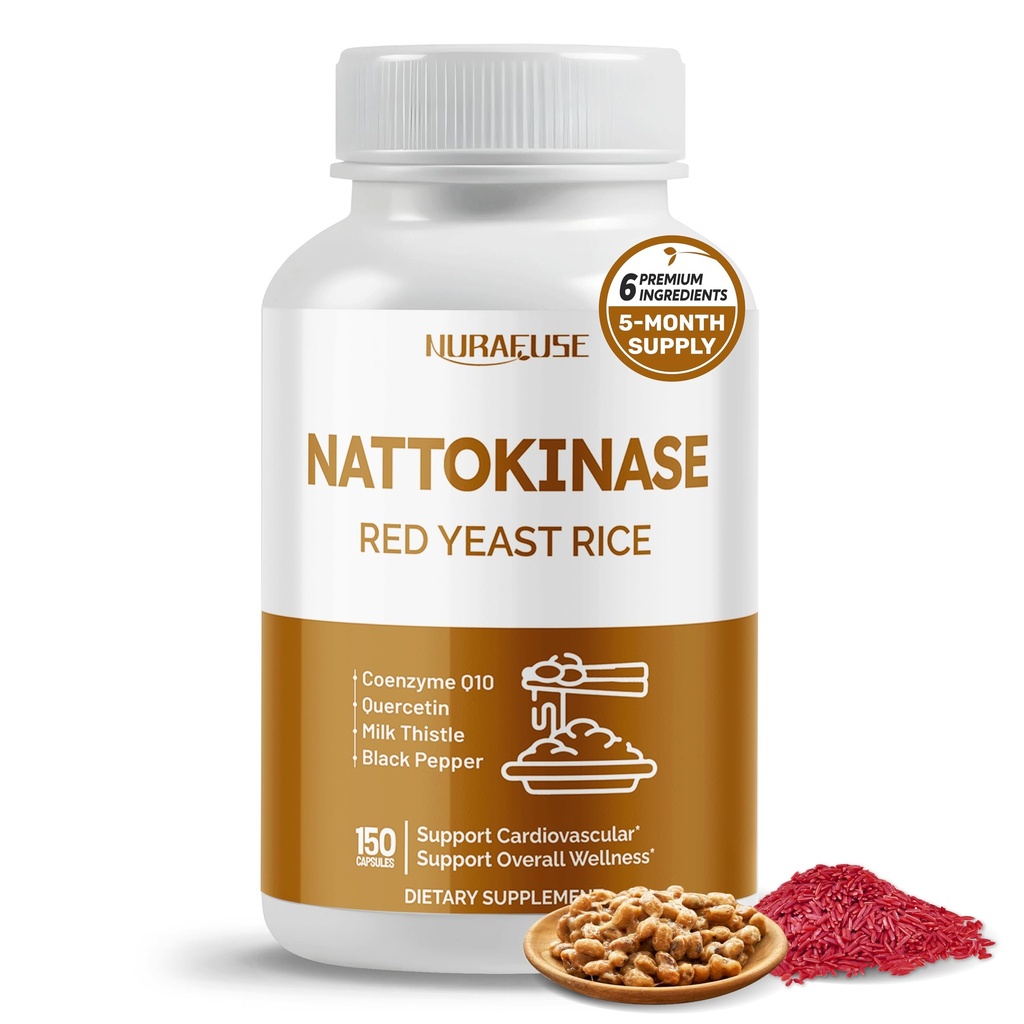 NATTOKINASE 11- in-1 Formel - med Red Yeast Rice Coenzym Q- 10 Quercetin, Milk Thistle, Resveratrol - Non- GMO, Gluten- Free, Soy- Free