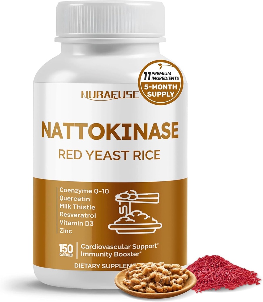 NATTOKINASE 11-in-1 Formula - with Red Yeast Rice Coenzyme Q-10 Quercetin, Milk Thistle, Resveratrol - Non-GMO, Gluten-Free, Soy-Free