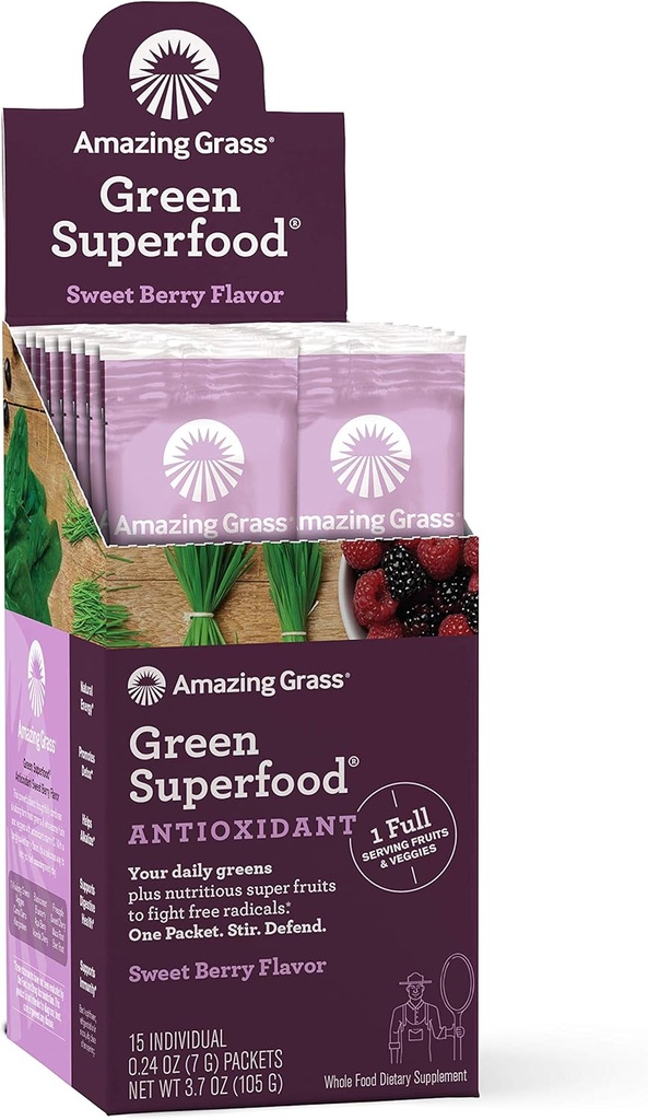 Amazing Grass Green Superfood Antioxidant: Super Green Powder med Spirulina, Elderberry & Probiotika, Sweet Berry, 15 Servere