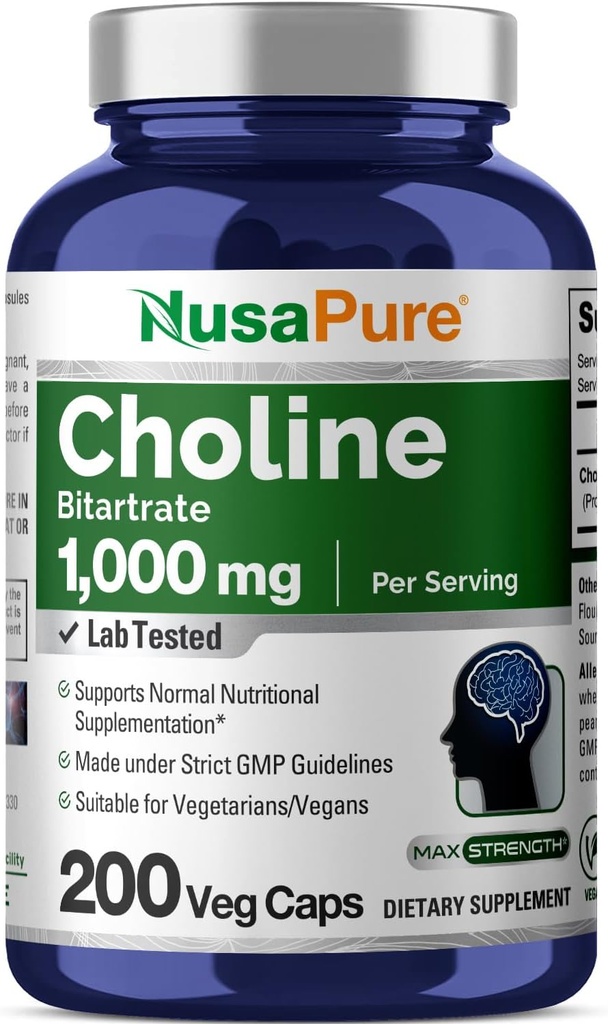NusaPure Cholin Bitartrate 1000 mg 200 Veggie Kapsler (Vegansk Vegetarisk, Non- GMO)