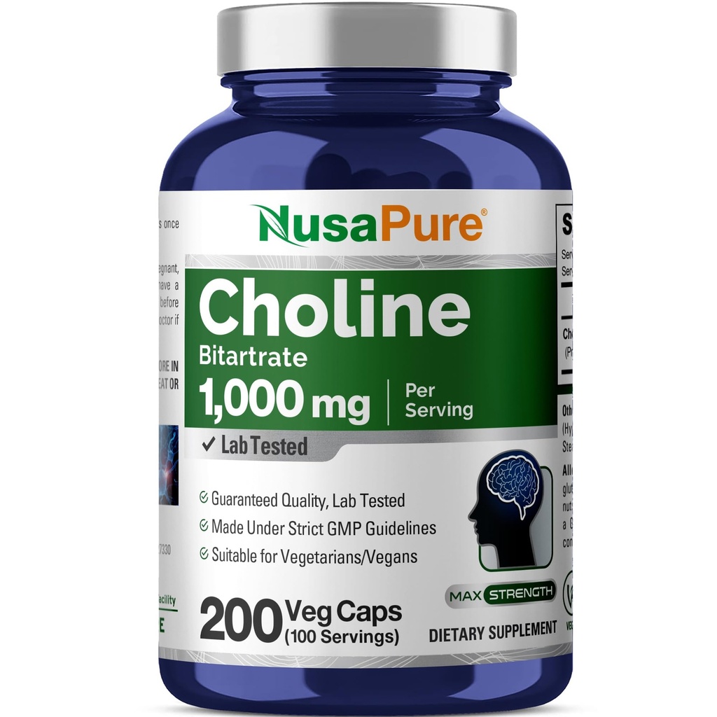 NusaPure Cholin Bitartrate 1000 mg 200 Veggie Kapsler (Vegansk Vegetarisk, Non- GMO)