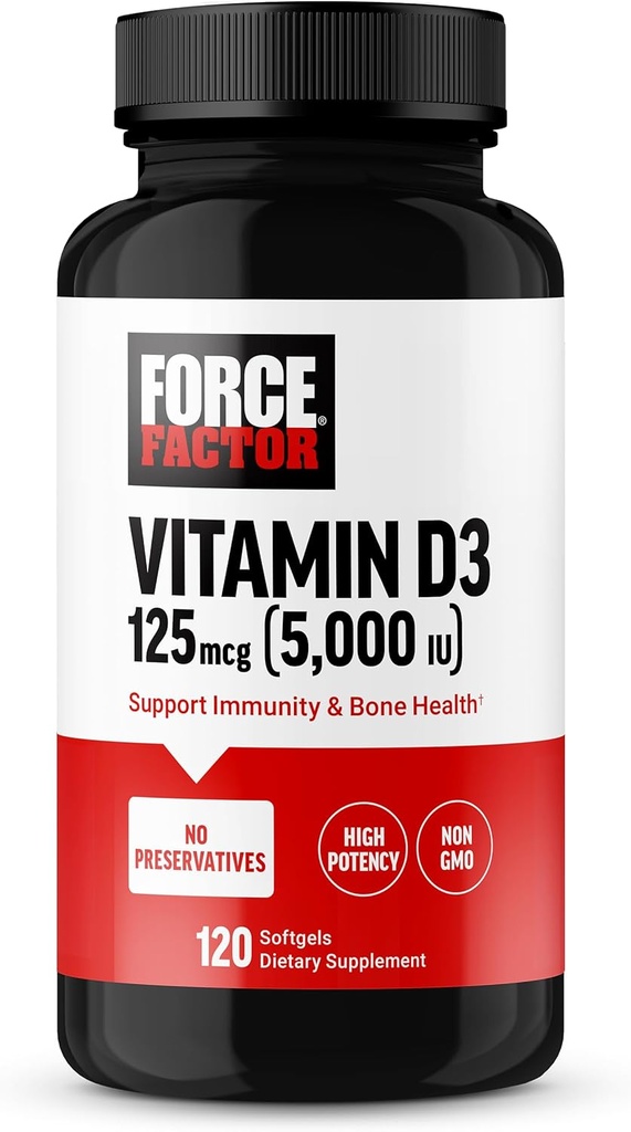 FORCE FACTOR D3 5000 IE Softgels, højpotens Vitamin D supplement til støtte Immunitet og ben sundhed, Premium kvalitet, ingen konserveringsmidler, 120 Softgels