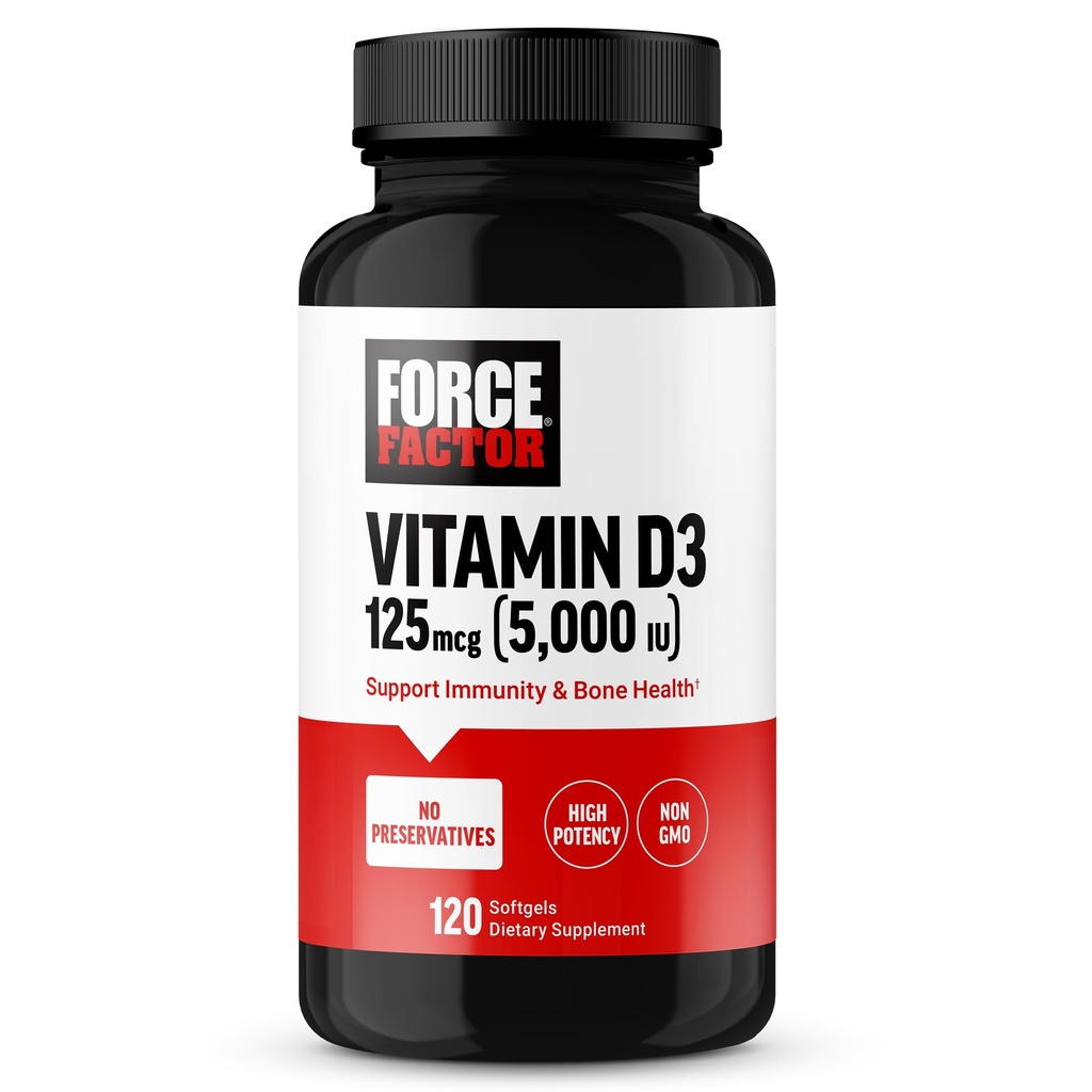 FORCE FACTOR D3 5000 IE Softgels, højpotens Vitamin D supplement til støtte Immunitet og ben sundhed, Premium kvalitet, ingen konserveringsmidler, 120 Softgels