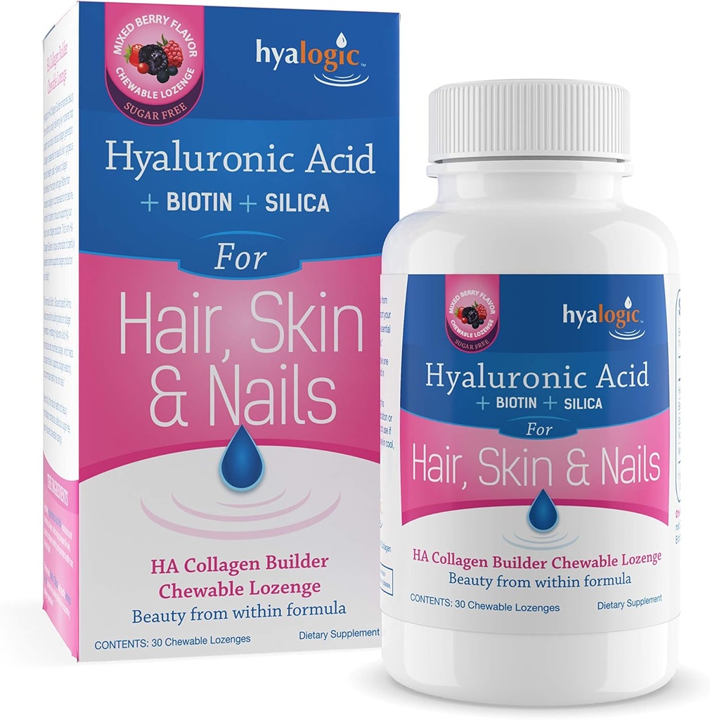 Hyalogisk hår hud & negle Hyaluronsyre Collagen Builder - Lækker berry smag Collagen Boost Chewable Lozenges - Sukker fri Vegan Collagen Ideel til at forbedre din naturlige skønhed - 30 Greve