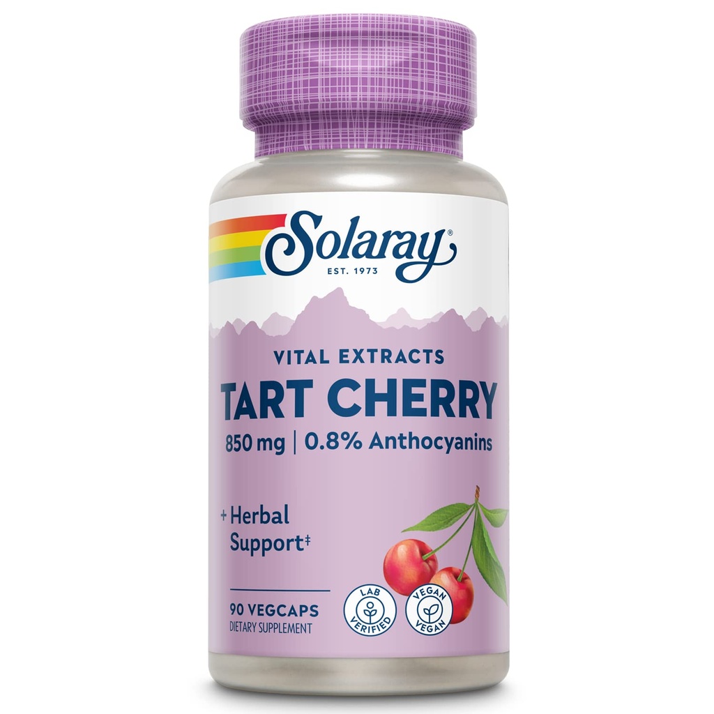 SOLARAY Tart Cherry Kapsler 850mg fra Tart Cherries - med 0,8% Antocyaniner Plus Ellagic Acid - Wellness Support - Praktisk alternativ til Tart Cherry Juice - Vegan, 60- Day Garanti, 45 Servere