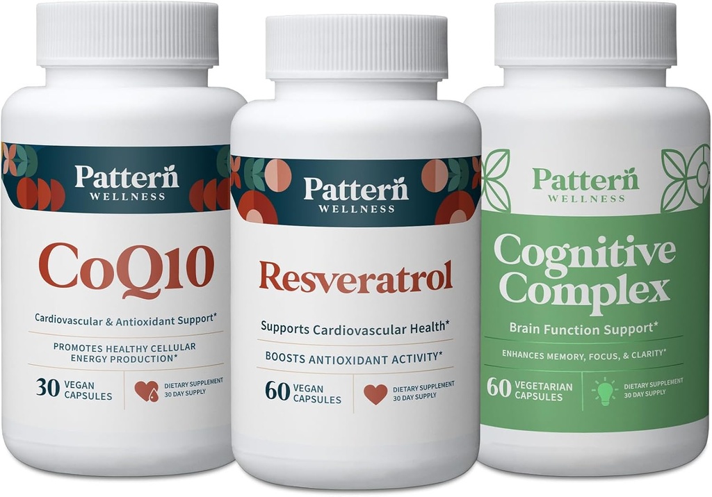 Mønster Wellness Sund Aging Bundle - CoQ10, Resveratrol, Cognitive Complex - fremmer tidløs sundhed & wellness - 3 Pack, All- Natural, Vegan- Friendly Formulas