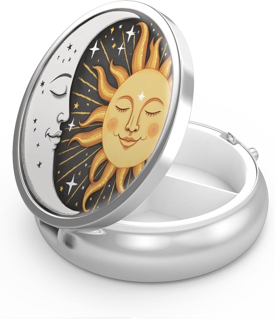 Pill Box 3 Segment Lille Pill Case, Portable for Pocket eller Purse Pill Organizer Pill Container Holder til at holde vitaminer, medicin, fiskeolie og kosttilskud (Sun and Moon)