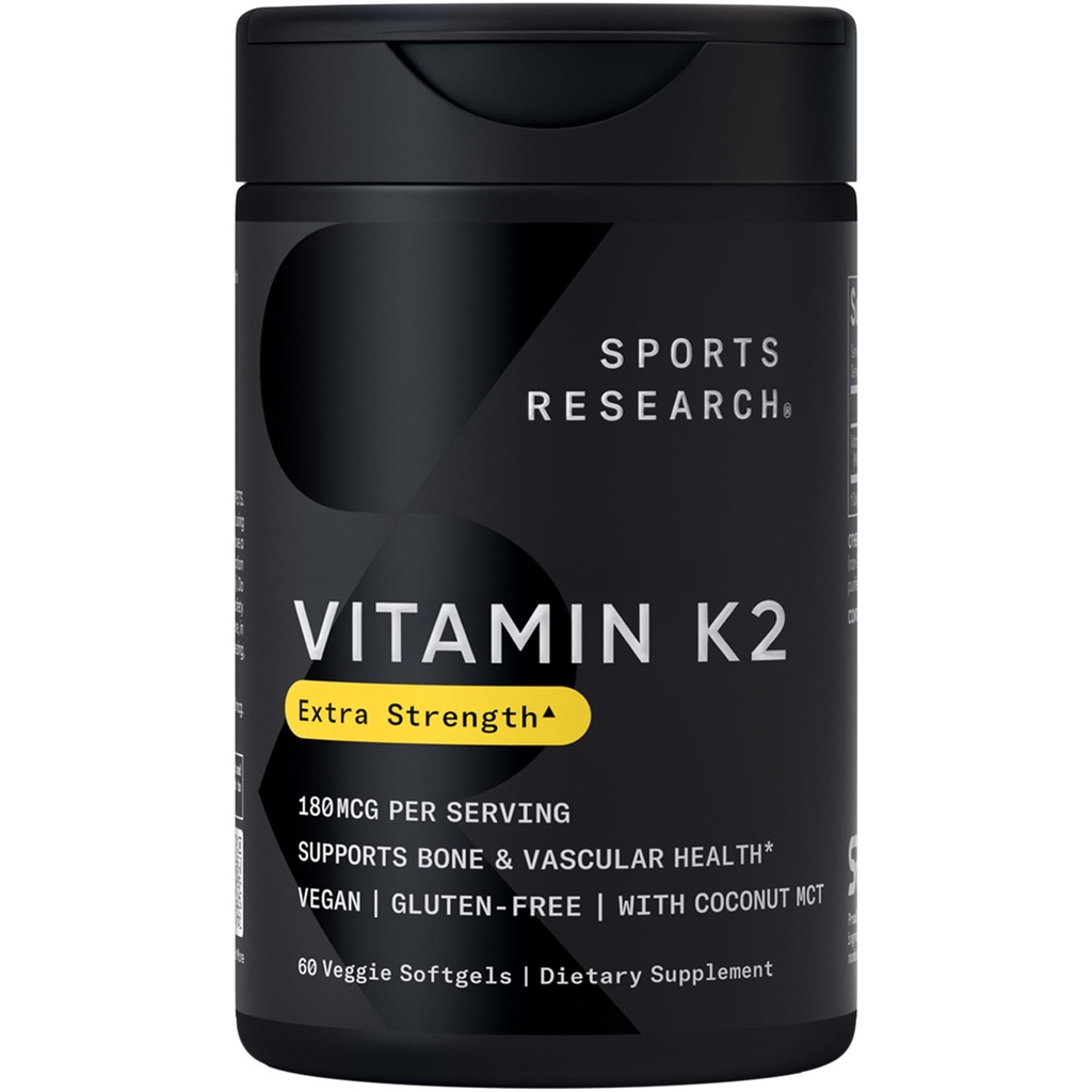 Sports Research Vitamin K2 MK7 180mcg med kokosolie - 60 Veggie Softels - Vegan Certified, Non- GMO Verified & Gluten- Free