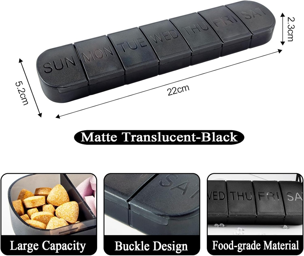 Pill Organizer Stor, Ugentlig 7-dag Vitamin sag Dispenser, Matte Black, Rejse Medicin Pill Box Holder Container for Medicin, Medicin og Min, Kosttilskud, Fiskeolie, Kapsler, Tablet