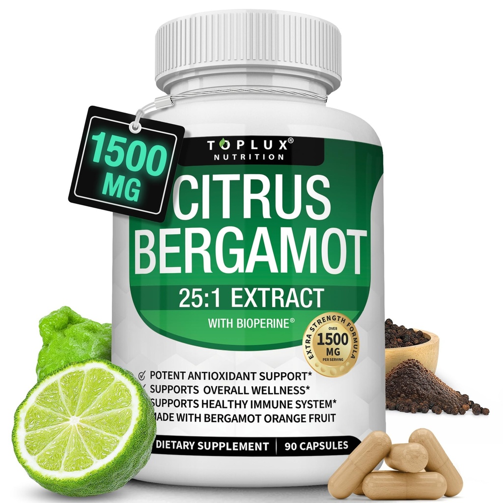 Citrus Bergamot Supplement 1500mg - 25: 1 Bergamot Extract to Support Total Health, Immunsystem, Potent Antioxidant High Absorption Natural Vegan Non- GMO for mænd Kvinder, 90 Kapsler