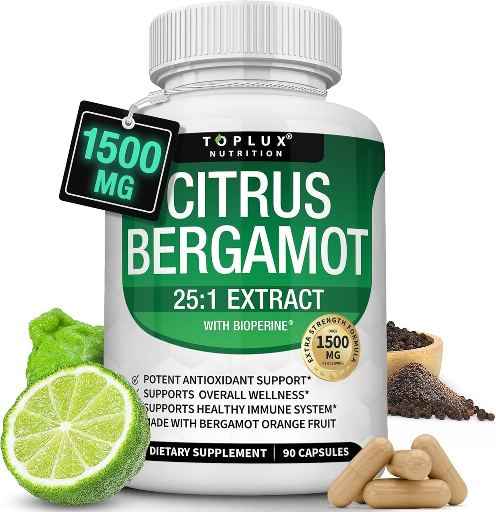 Citrus Bergamot Supplement 1500mg - 25: 1 Bergamot Extract to Support Total Health, Immunsystem, Potent Antioxidant High Absorption Natural Vegan Non- GMO for mænd Kvinder, 90 Kapsler