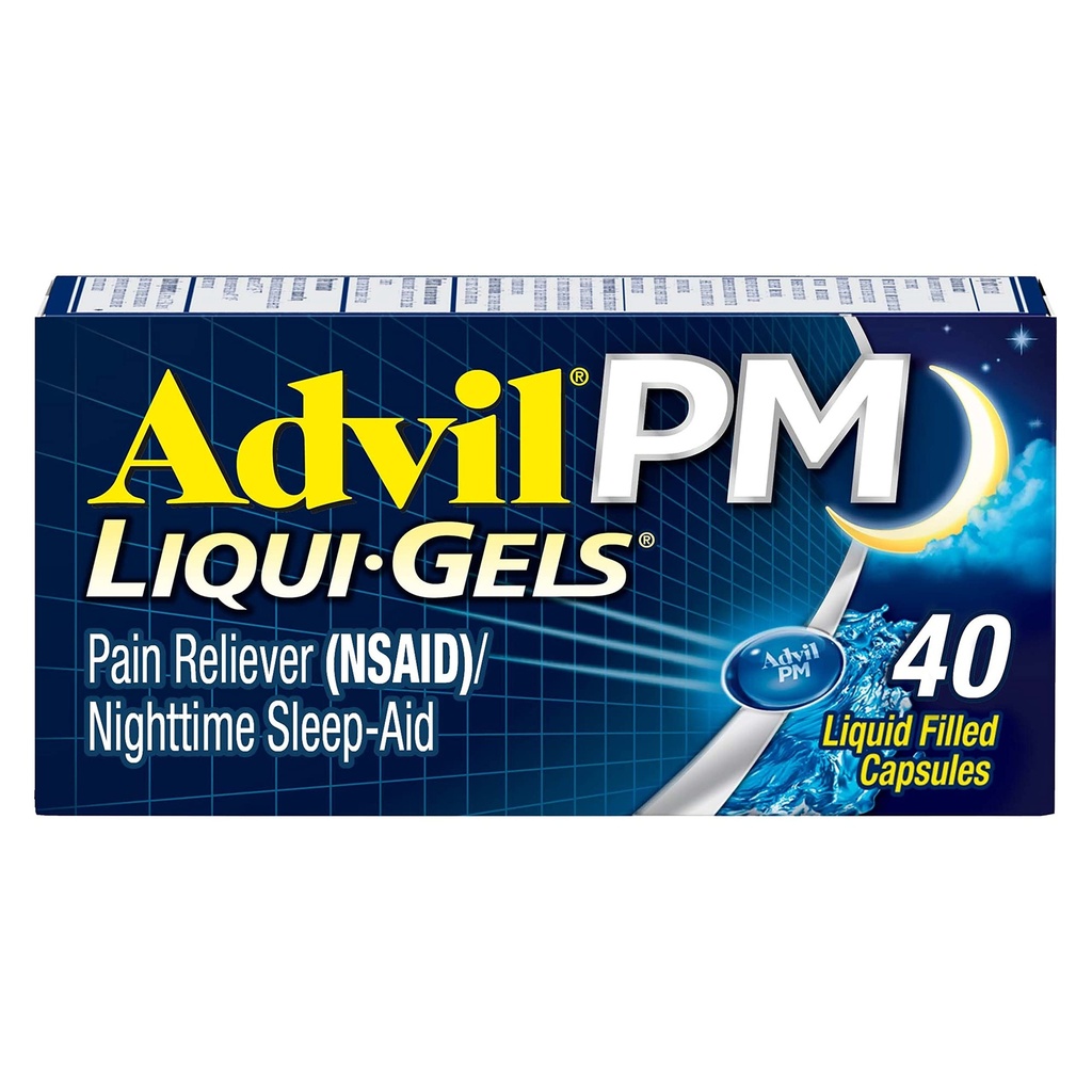 Advil PM Liqui- Gels Pain Reliever og Nighttime Sleep Aid, Pain Medicine med Ibuprofen for Pain Relief og Diphenhydramin HCL for en Sleep Aid - 40 flydende fyldte kapsler - Tilbage til kollegiet