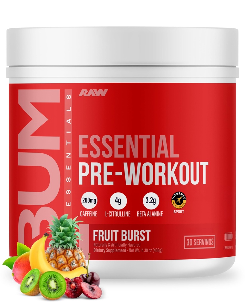 RAW Essential Pre- Workout Powder (Fruit Burst) - Chris Bumstead Sport Nutrition Supplement for mænd og kvinder - Preworkout Energy Powder med koffein, L-Citrullin, L-Tyrosine, & Beta Alanine Blend