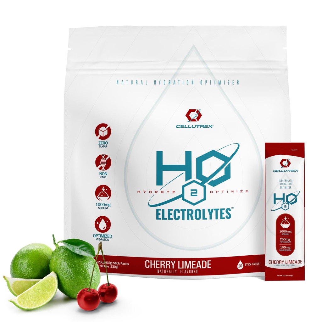 Cellutrex ® H2O Electrolytes - Electrolyte Powder Drink Mix, Zero Sugar, Natural Salt Hydration Packs for Recovery and Wellness, Cherry Limeade, 20 sticks