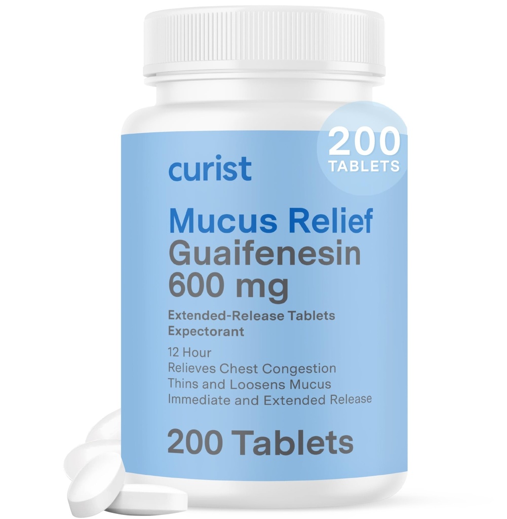 Curist Guaifenesin 600 mg Extended Release Tablets (200 Farvefri tabletter) - Expectorant Mucus Relief, Generisk Guaifenesin 600 mg, (Bulk Pack)