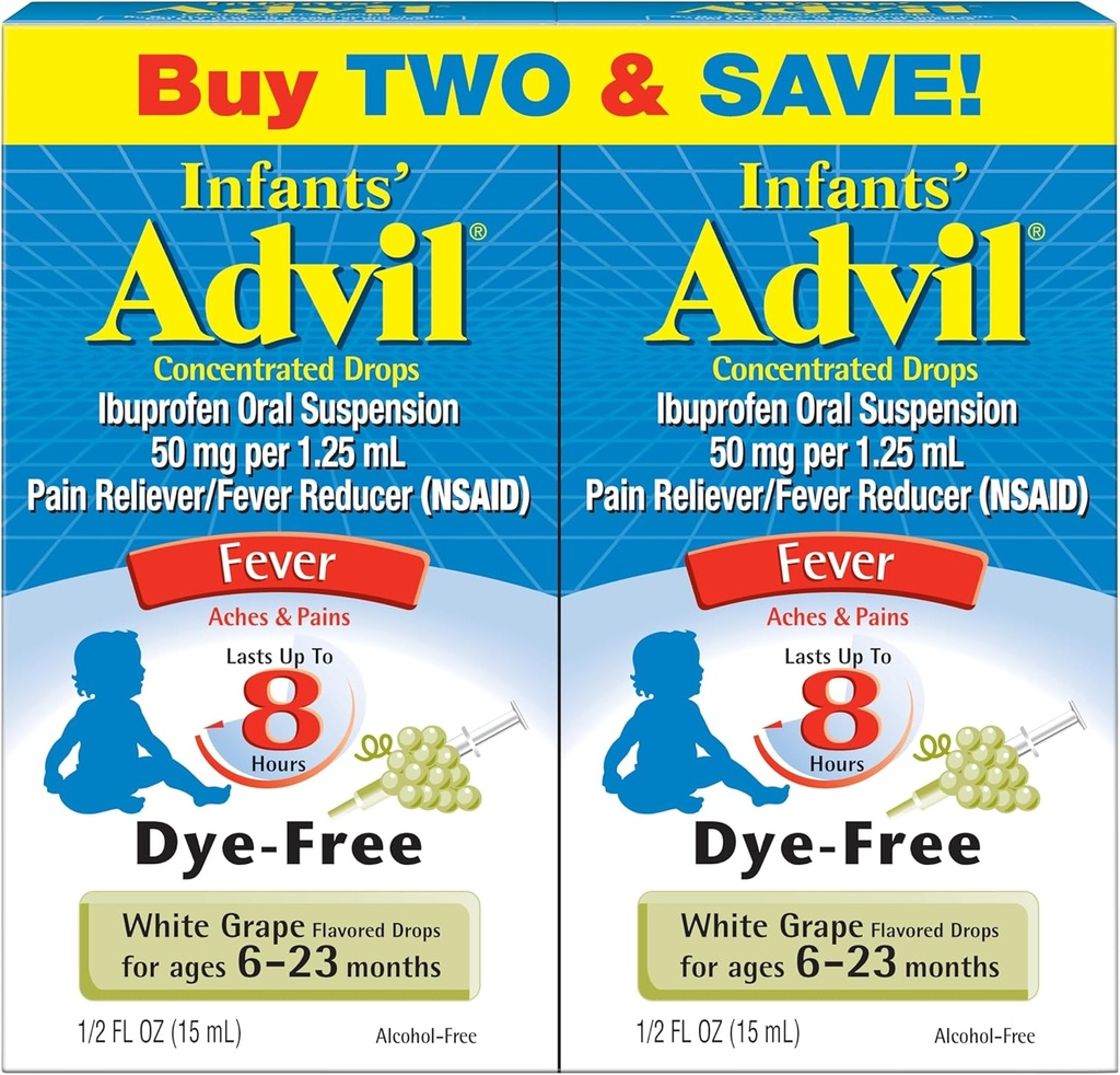 Spædbørn 'Advil Liquid Pain Reliever og Baby Fever Reducer, Spædbarn Ibuprofen Dye Free Pain Relief og Fever Medicine, White Grape - 0.5 Fl Oz (2 Pack)