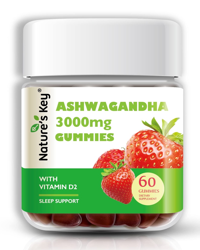 Nature 's Key Ashwagandha Gummies, 3000mg High Potence Ashwagandha Root Extract med vitamin D2, Stress, Calm Mood & Cognition, for Mænd & Kvinder, Strawberry Flavor (60 Greve (pakke med 1)