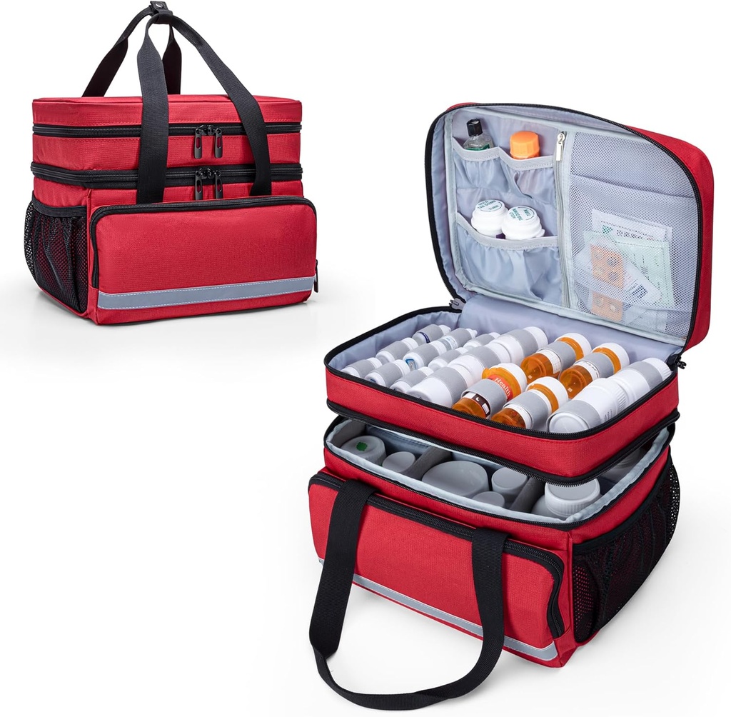 CURMIO Double Layer Pill Flaske Organizer Bag Tom, Medicin Organizer Storage Case med Lockable Zippers, Medicin Travel Bag til receptpligtig Flasker, Medicinske forsyninger, Rød (Patent Design)
